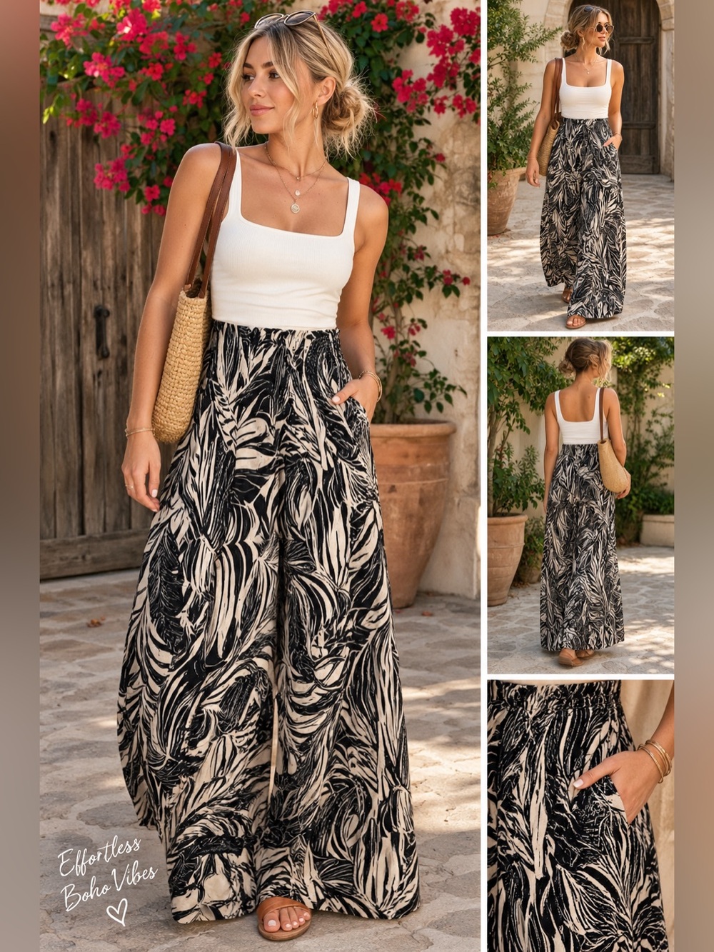 Patrons of Peace Boho Palm Leaves Wide-Leg Palazzo Pants Black Cream Size XL